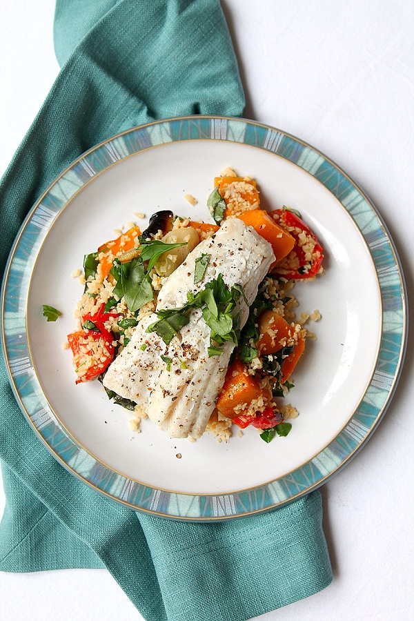 Baked Fish with Roasted Vegetables and Cauli Rice