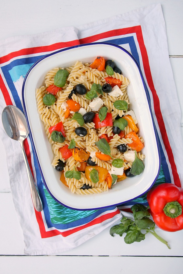 Pasta with Roasted Peppers, Feta and Olives